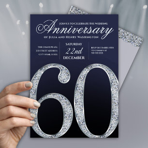 Invitation 60e Anniversaire Moderne Argent Diamant Bleu Marin