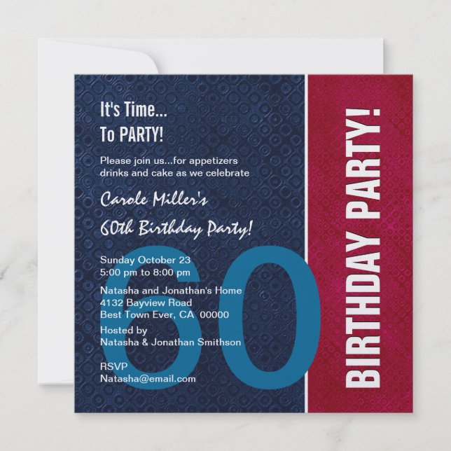 Invitation 60e anniversaire Moderne Bleu Rouge Blanc Métalliq (Devant)
