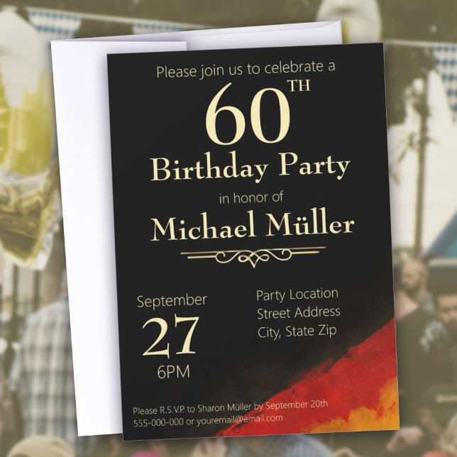 Invitation 60e anniversaire moderne Noir, Rouge & Or (60th Birthday Party Invitation Modern Black, Red & Gold - Prost - Personalize with any age!)