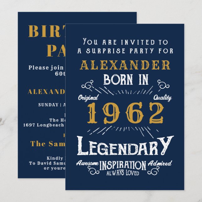 Invitation 60e anniversaire Né 1962 Blue Gold Retro Invitatio (Devant / Derrière)