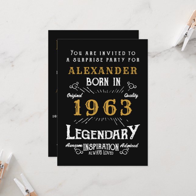 Invitation 60e anniversaire Né 1963 Black Gold Retro (Devant/Arrière en situation)