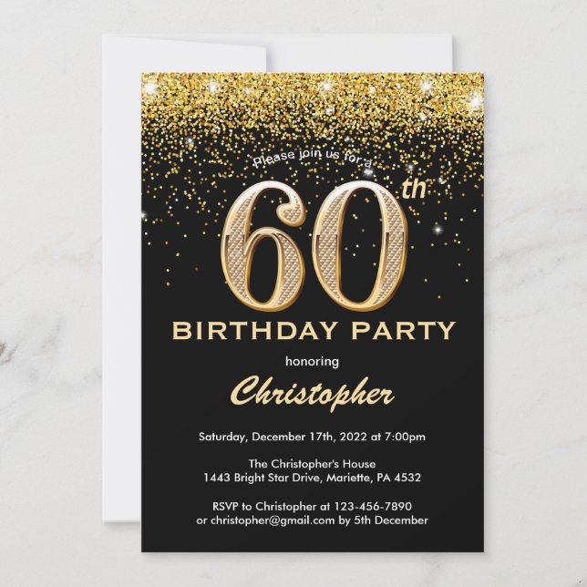 Invitation 60e anniversaire Noir et Parties scintillant d'or  (Devant)