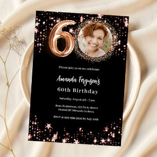 Invitation 60e anniversaire noir rose or photo étoiles luxe