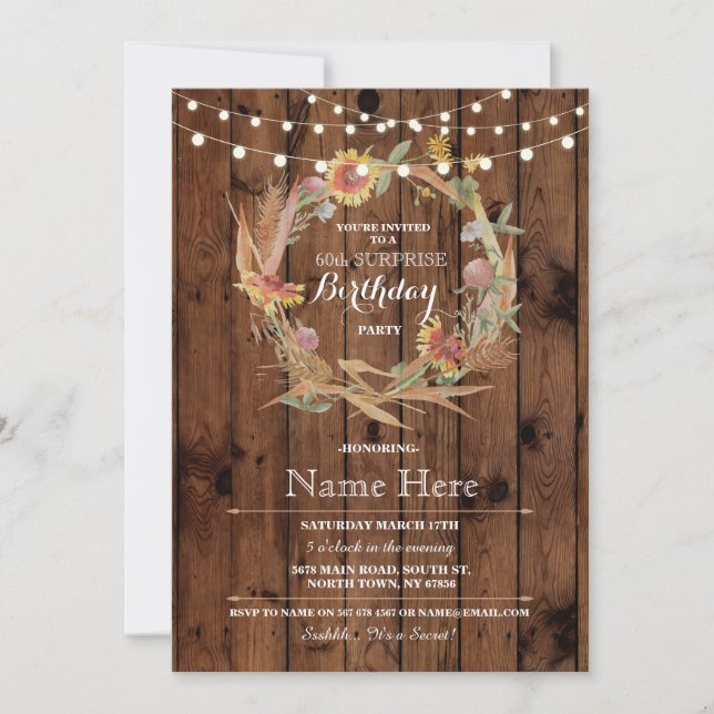 Invitation 60e anniversaire ou tout âge fête Bois Floral Invi (Devant)