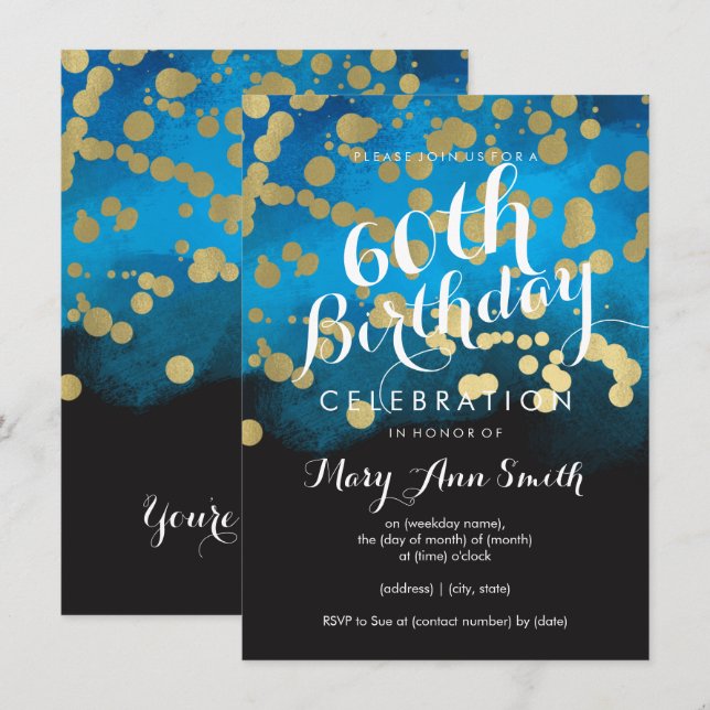Invitation 60e anniversaire Parties scintillant d'or bleu aqu (Devant / Derrière)