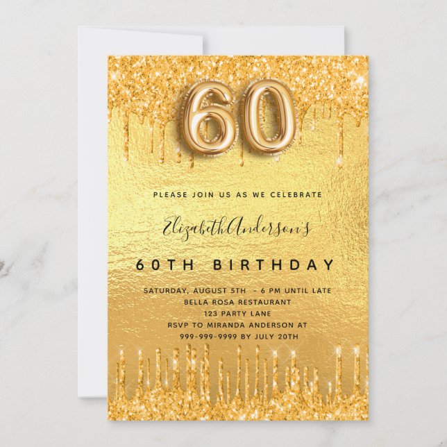 Invitation 60e anniversaire parties scintillant or gouttes (Devant)