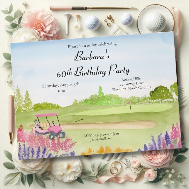 Invitation 60e anniversaire Party Pink Golf Cart Golf Course (Créateur téléchargé)