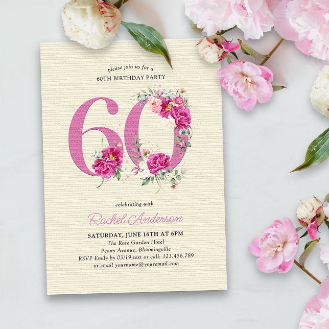 Invitation 60e anniversaire Peony rose Floral Numéro 60 (60th Birthday Invitation with pink floral number 60 - elegant vintage design with roses and peonies)