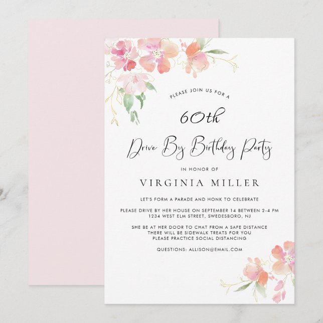 Invitation 60e anniversaire Pink and Gold Floral Drive By Par (Devant / Derrière)