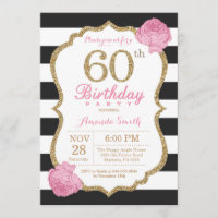 Invitation 60e anniversaire Pink Black Gold Floral