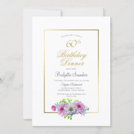 Invitation 60e anniversaire Pink Blue Floral Gold dîner front