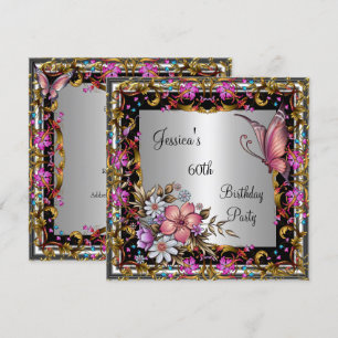 Invitation 60e anniversaire Pink Floral Butterfly Gold Argent