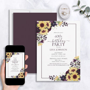 Invitation 60e Anniversaire Plum violet Tournesol Aquarelle