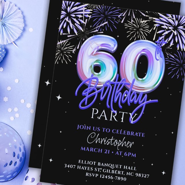 Invitation 60e anniversaire pour lui Blue Fireworks Foil Ball (Créateur téléchargé)