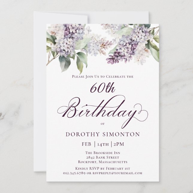 Invitation 60e anniversaire Purple Spring Fleur Lilac (Devant)