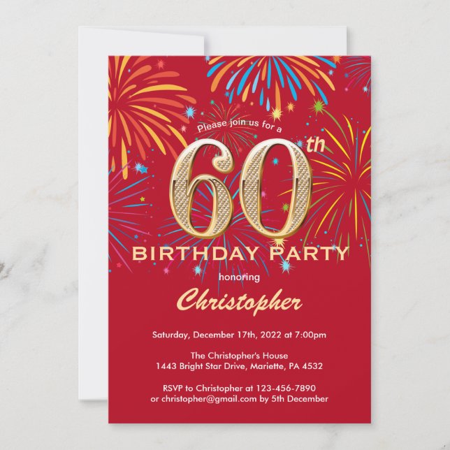 Invitation 60e anniversaire Red and Gold Rainbow Fireworks (Devant)