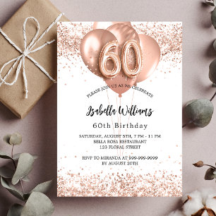 Invitation 60e anniversaire rose ballons d'or blanc luxe