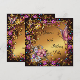 Invitation 60e Anniversaire Rose Floral Papillon Or Noir