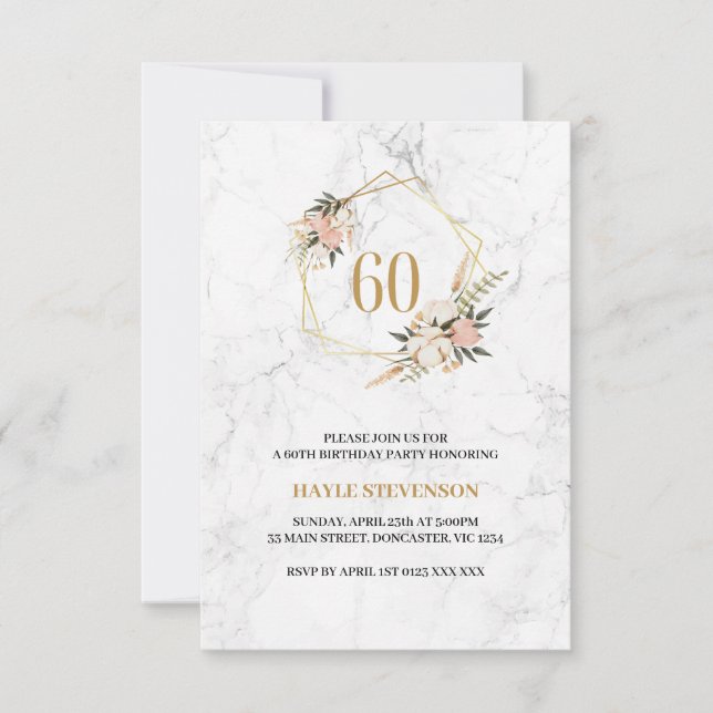 Invitation 60e anniversaire rose Marbre blanc floral chic (Devant)