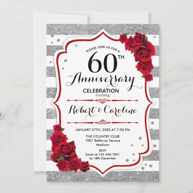 Invitation 60e Anniversaire - Roses Rouges Blanc Argent (Devant)