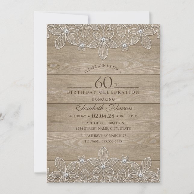 Invitation 60e anniversaire Rustic Wood Dentelle unique (Devant)