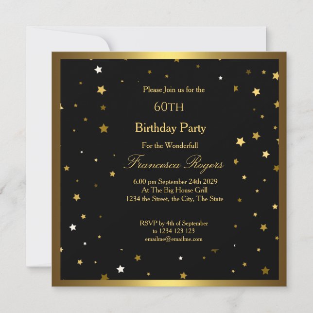 Invitation 60e Anniversaire Soirée Gold Stars Black Invitatio (Devant)