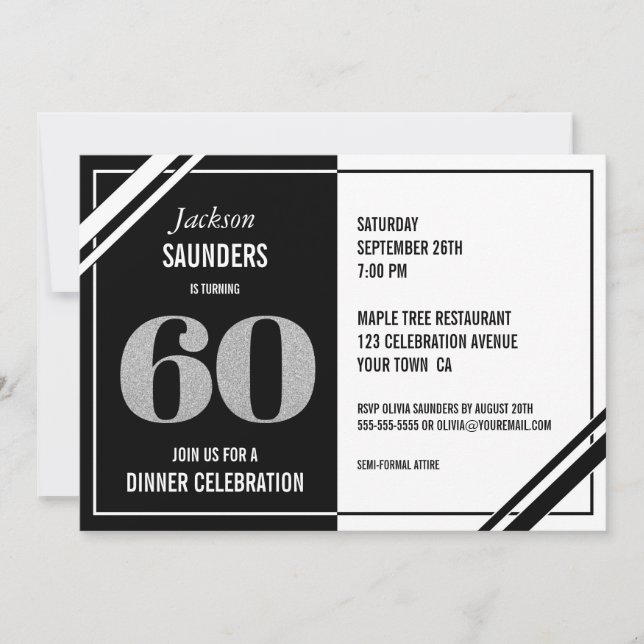 Invitation 60e anniversaire Soirée moderne Noir et Blanc (Devant)