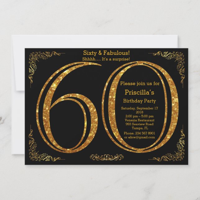 Invitation 60e, Anniversaire, Soixante, Gatsby, noir & or (Devant)