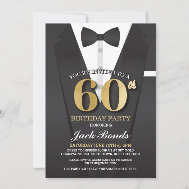 Invitation 60e anniversaire Spy Suit Black cravate Gold Invit (Devant)