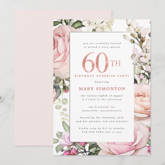 Invitation 60e anniversaire Surprise Party Blush rose floral (Devant / Derrière)