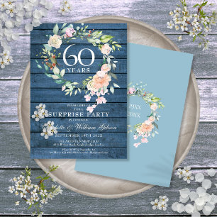 Invitation 60e anniversaire Surprise Party Floral Blue Rustic