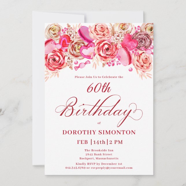 Invitation 60e anniversaire Valentine Rose Rose Coeur Tourbil (Devant)