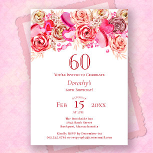 Invitation 60e anniversaire Valentine Rose Rose Coeur Tourbil