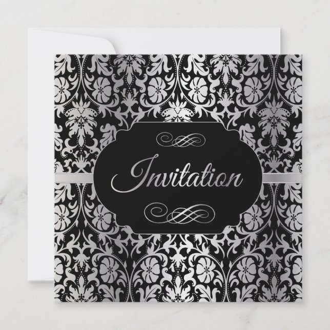 Invitation 60e fête d'anniversaire | Argent et noir Damas (Devant)