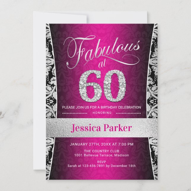 Invitation 60e fête d'anniversaire - Argent rose noir (Devant)