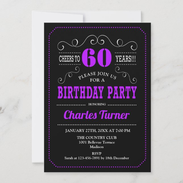 Invitation 60e fête d'anniversaire - Black Purple (Devant)