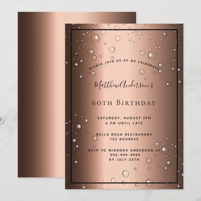 Invitation 60e fête d'anniversaire bronze brun bulles noires (Devant / Derrière)