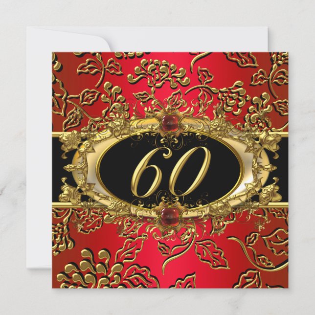 Invitation 60e fête d'anniversaire Damask Rouge Or Noir (Devant)