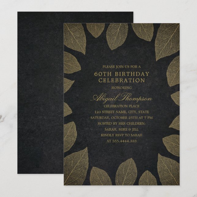 Invitation 60e fête d'anniversaire Elégant Feuilles d'or noir (Devant / Derrière)