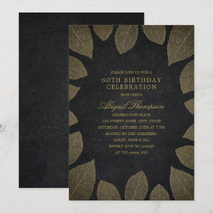 Invitation 60e fête d'anniversaire Elégant Feuilles d'or noir