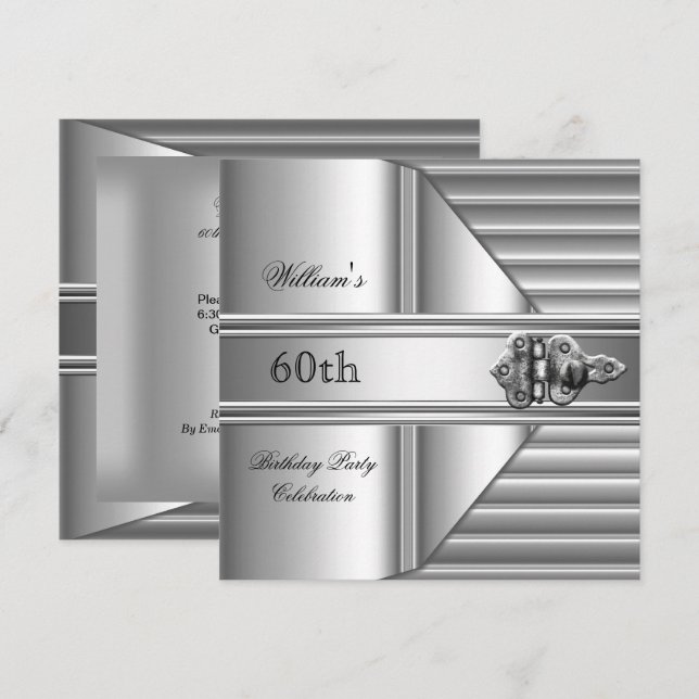 Invitation 60e fête d'anniversaire Elegant Mens Argent Mans 2 (Devant / Derrière)