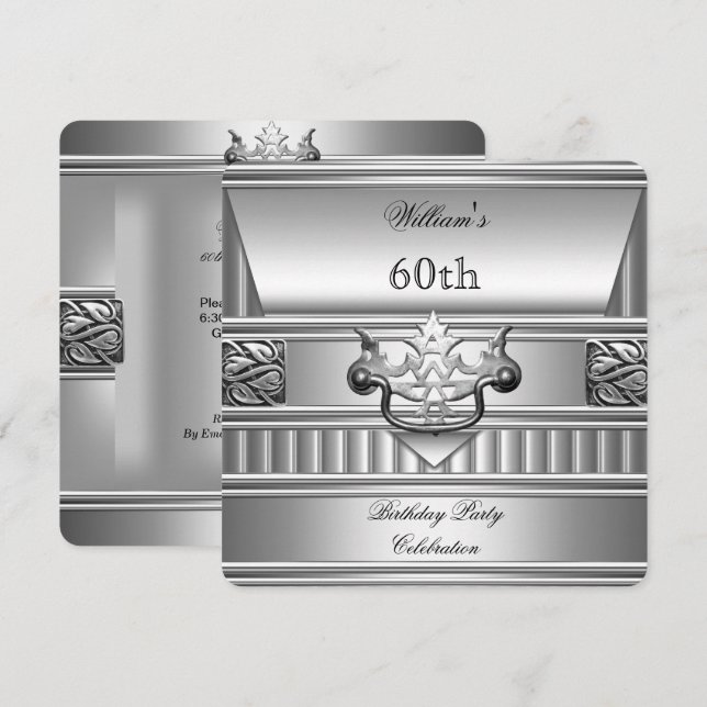 Invitation 60e fête d'anniversaire Elegant Mens Argent Métal  (Devant / Derrière)