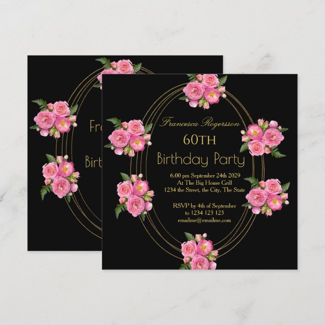 Invitation 60e fête d'anniversaire Gold Fleurs roses noires (Devant / Derrière)
