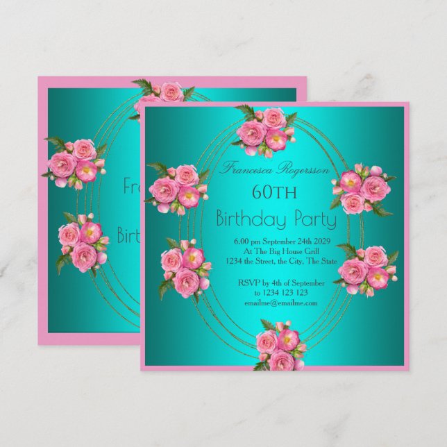 Invitation 60e fête d'anniversaire Gold Turquoise Fleurs rose (Devant / Derrière)