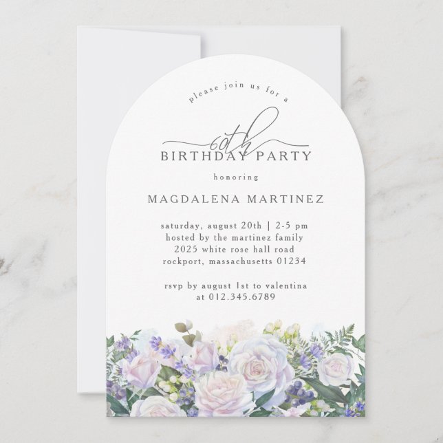 Invitation 60e fête d'anniversaire Rose blanche bleu floral (Devant)