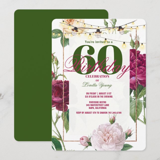 Invitation 60e fête d'anniversaire, Rose/Fleurs roses Gold Fr (Devant / Derrière)