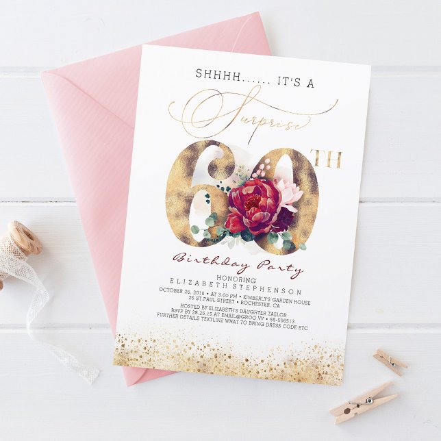 Invitation 60e Surprise Anniversaire Party Gold et Bourgogne (Surprise 60th Birthday Party Invitation)