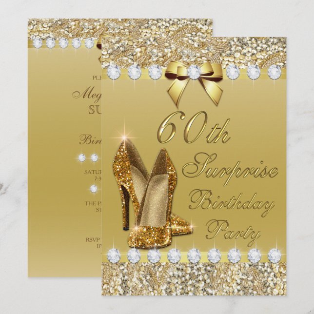Invitation 60ème Surprise Anniversaire de la fête Gold talons (Devant / Derrière)