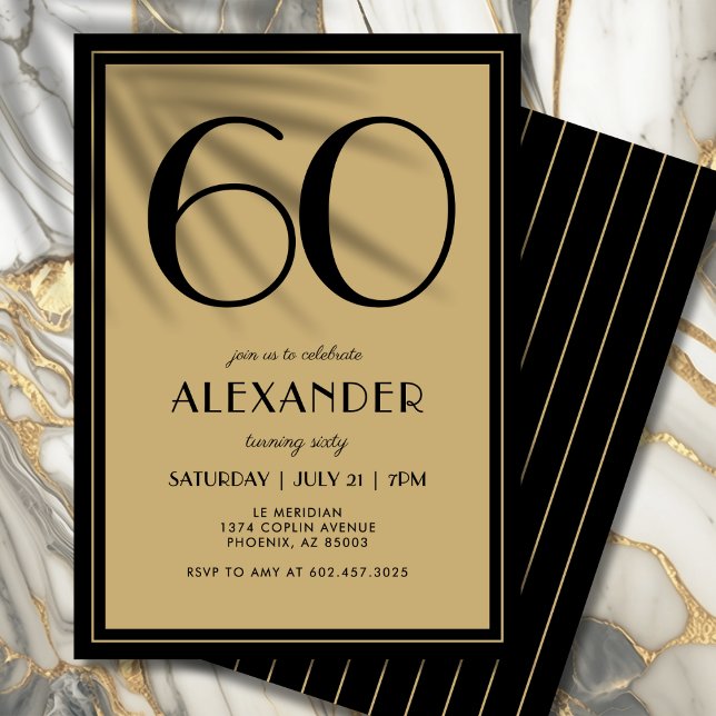 Invitation 60th Birthday Adult Black and Gold Modern Minimal  (Black and gold elegance—modern typography with a touch of luxury.)