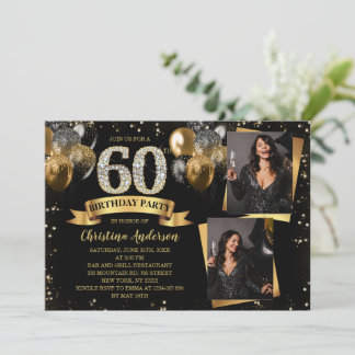 Invitation 60th Birthday Modern Gold Glitter Balloons 2 Photo